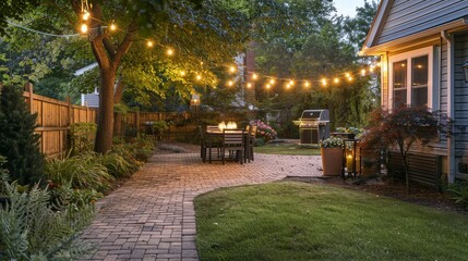 Beautiful outdoor patio with elegant gray and blue themed seating area featuring a firepit, large comfortable couches, string lights, wood accents, and stone wall. 