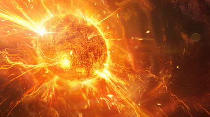 A solar flare or explosion on the Sun, showing vivid, blazing colors and powerful energy, with bright, dynamic eruptions and circulating plasma.