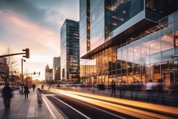 a city street with a lot of people walking on it, Capture the energy of a bustling urban street with modern architecture