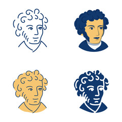 Great Russian poet Alexander Pushkin icon set in flat and line style. Vector illustration.