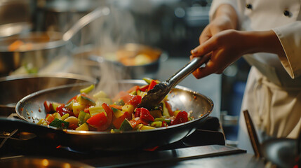 Chef preparing colorful vegetable stir-fries in a professional kitchen, using tongs to mix ingredients in a heated pan.