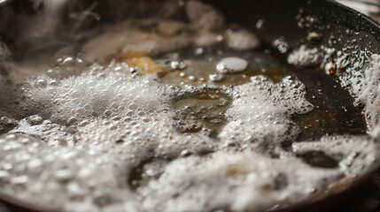 A dirty pan that is covered with soap foam and grease residues, clearly indicating the need for thorough washing.