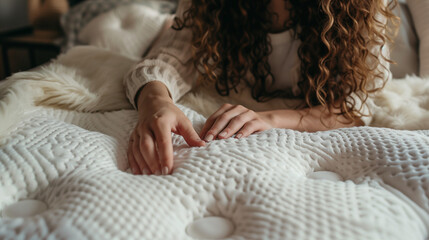 A woman who tries the mattress by placing her hands on its white, textured surface.
