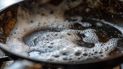 A dirty pan that is covered with soap foam and grease residues, clearly indicating the need for thorough washing.