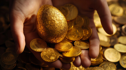 Hands holding a golden egg over a pile of gold coins, expressing wealth and treasure.