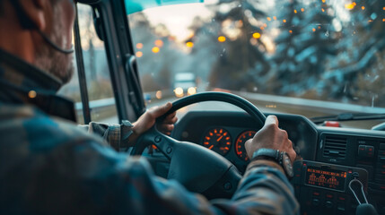 Driver driving a truck, with hands on the steering wheel and view from the dashboard.