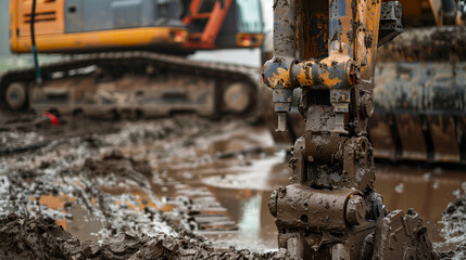 Heavy construction equipment on a muddy construction site, focusing on a hydraulic thresher for driving piles.