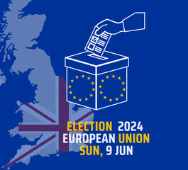 elections 2024 - european elections 2024 vector poster, european union flag and England Map Yellow and white bold text