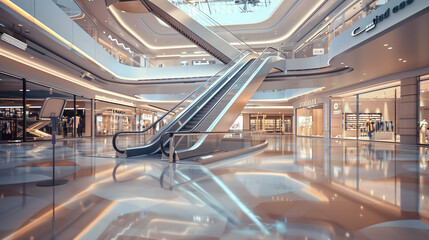 Modern multi-level shopping mall interior with escalators, elegant shops and shimmering reflections on the floor.