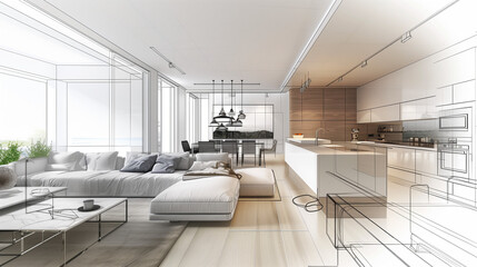 A modern living room connected to an open kitchen, where one part is presented in a realistic rendering and the other in the form of an architectural sketch.