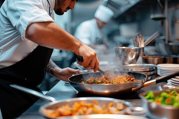 a chef is cooking a meal in a kitchen, Document the process of a chef preparing a delicious meal in a kitchen setting