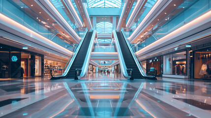 Modern multi-level shopping mall interior with escalators, elegant shops and shimmering reflections on the floor.
