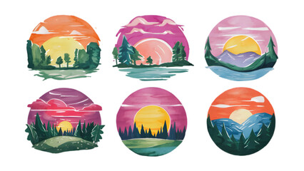 Fototapeta premium Watercolor Sunset Set, Isolated on White Background, Ideal for Nature, Landscape, and Scenic Design Projects 