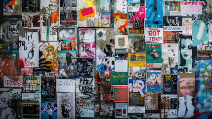 A city wall covered with a colorful array of posters, graffiti and stickers presenting a variety of patterns and messages.
