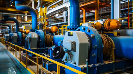 A series of large industrial pumps in a modern factory, with blue and yellow guide pipes.