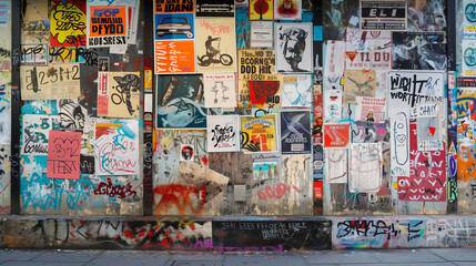 Fototapeta premium A city wall covered with a colorful array of posters, graffiti and stickers presenting a variety of patterns and messages.
