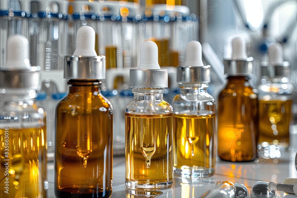 Poster Glass bottles filled with a golden serum sit on a lab table, surrounded by various tools. Generative AI