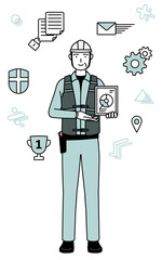 Image of DX, Senior male engineer in helmet and work wear using digital technology to improve his business