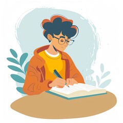 Illustration of a young person with glasses and curly hair sitting at a table, writing in a notebook, surrounded by plants.