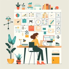 Fototapeta premium Illustration of a woman working at a desk surrounded by organized charts and graphs, representing productivity and efficiency.