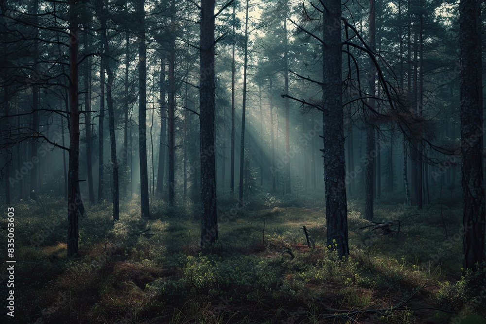 Poster a dark forest with a path in the middle, Focus on the contrast between light and darkness in a moody, atmospheric forest scene
