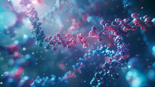 Abstract molecular structure with glowing particles and blurred background, representing scientific research and advancements in biotechnology.
