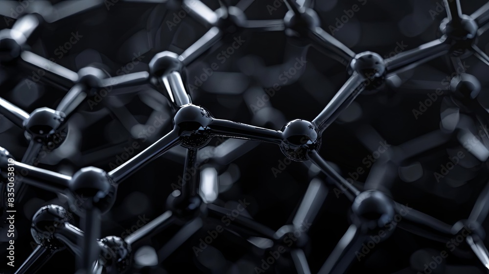 Poster abstract representation of molecular structure in a black, glossy 3d model, showcasing geometric con