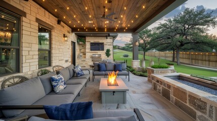 Beautiful outdoor patio with elegant gray and blue themed seating area featuring a firepit, large comfortable couches, string lights, wood accents, and stone wall. 