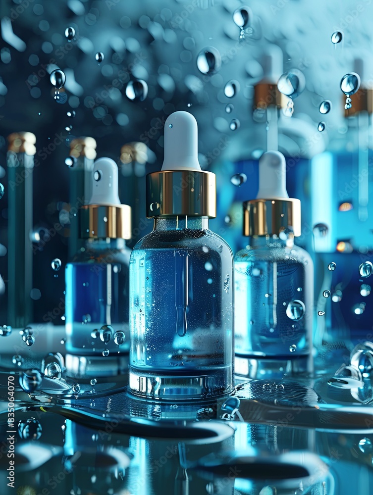 Poster Glass bottles with serums and droplets in a laboratory setting. Generative AI