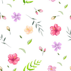 Cute abstract floral vector pattern with small flowers and leafs. Collage contemporary seamless pattern. Vector realistic cartoon style pattern. Minimalism on write background.