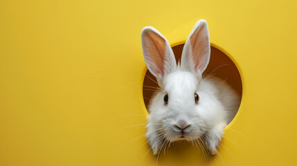Obraz premium Beautiful white rabbit in a mink on a yellow background