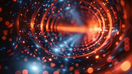 This image displays a visually captivating abstract tunnel with a bokeh effect and glowing orange particles, suggesting motion and energy