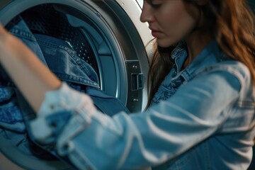 A woman is putting clothes in a washing machine. The clothes are dirty.