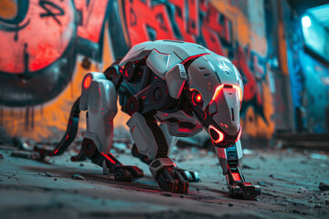Robo dog with luminous body elements against the background of a wall with graffiti. Future pet prototype concept.