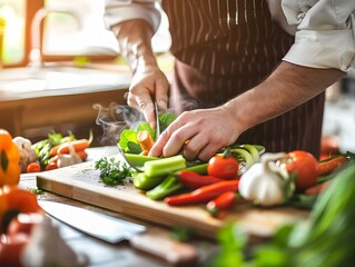 A chef is cutting vegetables on a wooden cutting board - Powered by Adobe