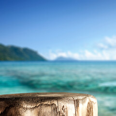 Wooden pedestal of empty space for your decoration and hot summer day. Landscape of sea and beach 