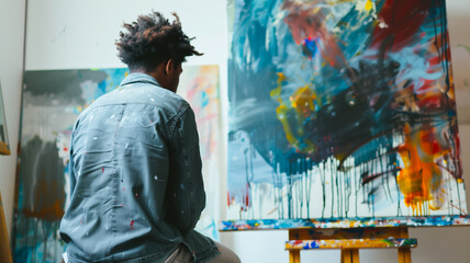 A young African-American man in an art studio sits thoughtfully and examines a painting. Bokeh in the background.