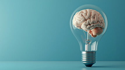 human brain placed in a light bulb on a blue background