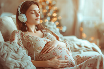 A beautiful, healthy pregnant woman with fair skin, wearing a dress, in a cheerful mood, eyes closed, using headphones, lying on a sofa listening to music with a blurred background