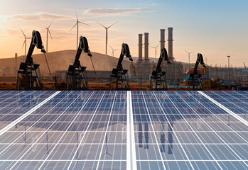 Oil Pump, Natural gas processing plant with wind turbines generating electricity reflection to...