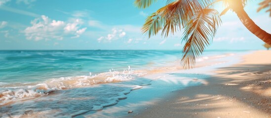 Tropical Paradise Beach with Palm Trees, Clear Blue Water, and Sunny Sky