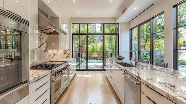 Step into the future of European design with this modern kitchen featuring sleek minimalist aesthetics, state-of-the-art stainless steel appliances
