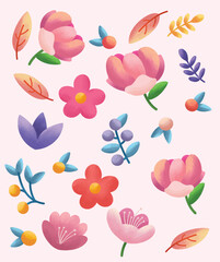 a collection of flowers and leaves from the garden.