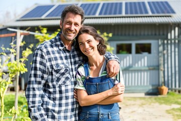 Naklejka premium Couple standing on their new house background. family moving in new house. Love, new home. Property, real estate. Embrace, mortgage, mansion. Relocate to dwelling, rental, rent, ownership concept