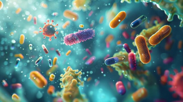 Colorful microscopic bacteria and viruses floating in a vibrant environment, showcasing various shapes and forms in high detail.