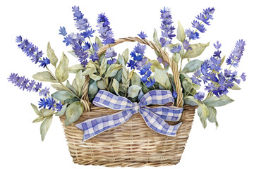 Watercolor Lavender Flowers in a Basket with Blue Gingham Bow, Clipart, 3d render, isolated on a transparent background.