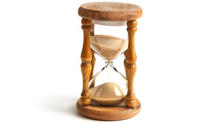 An hourglass with sand flowing down, symbolizing the passage of time on white background.