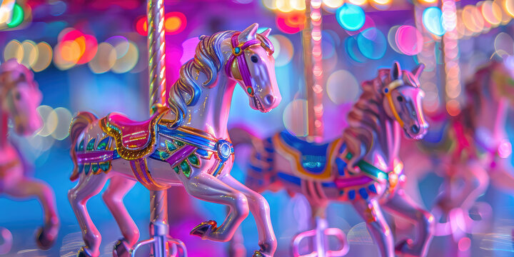 Closeup Miniature toy merry go round horses carousel, colored background with copy space