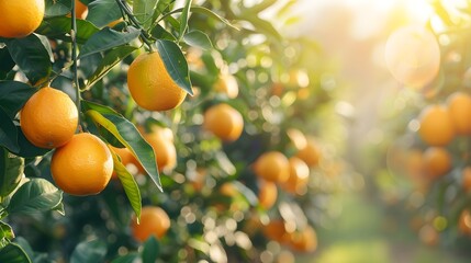 An orange orchard with rows of trees full of ripe oranges, with sunlight filtering through the leaves, creating an atmosphere filled with fresh and vibrant colors.