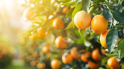 An orange orchard with rows of trees full of ripe oranges, with sunlight filtering through the leaves, creating an atmosphere filled with fresh and vibrant colors.